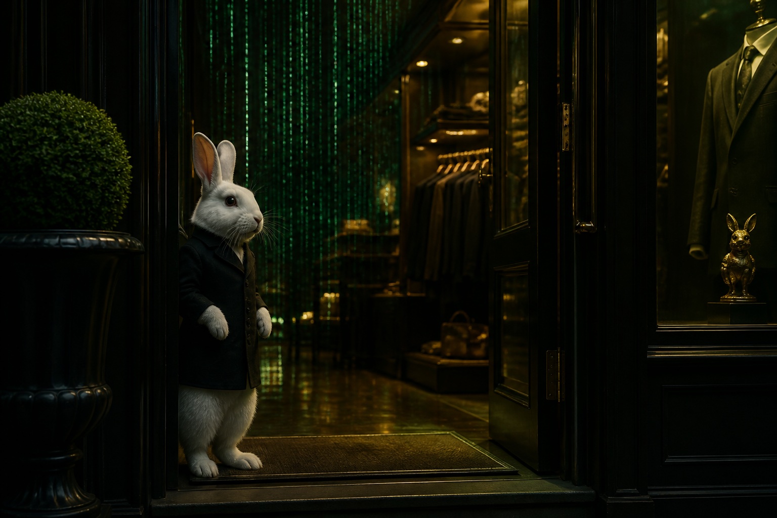 White rabbit with Matrix-green light in a boutique doorway