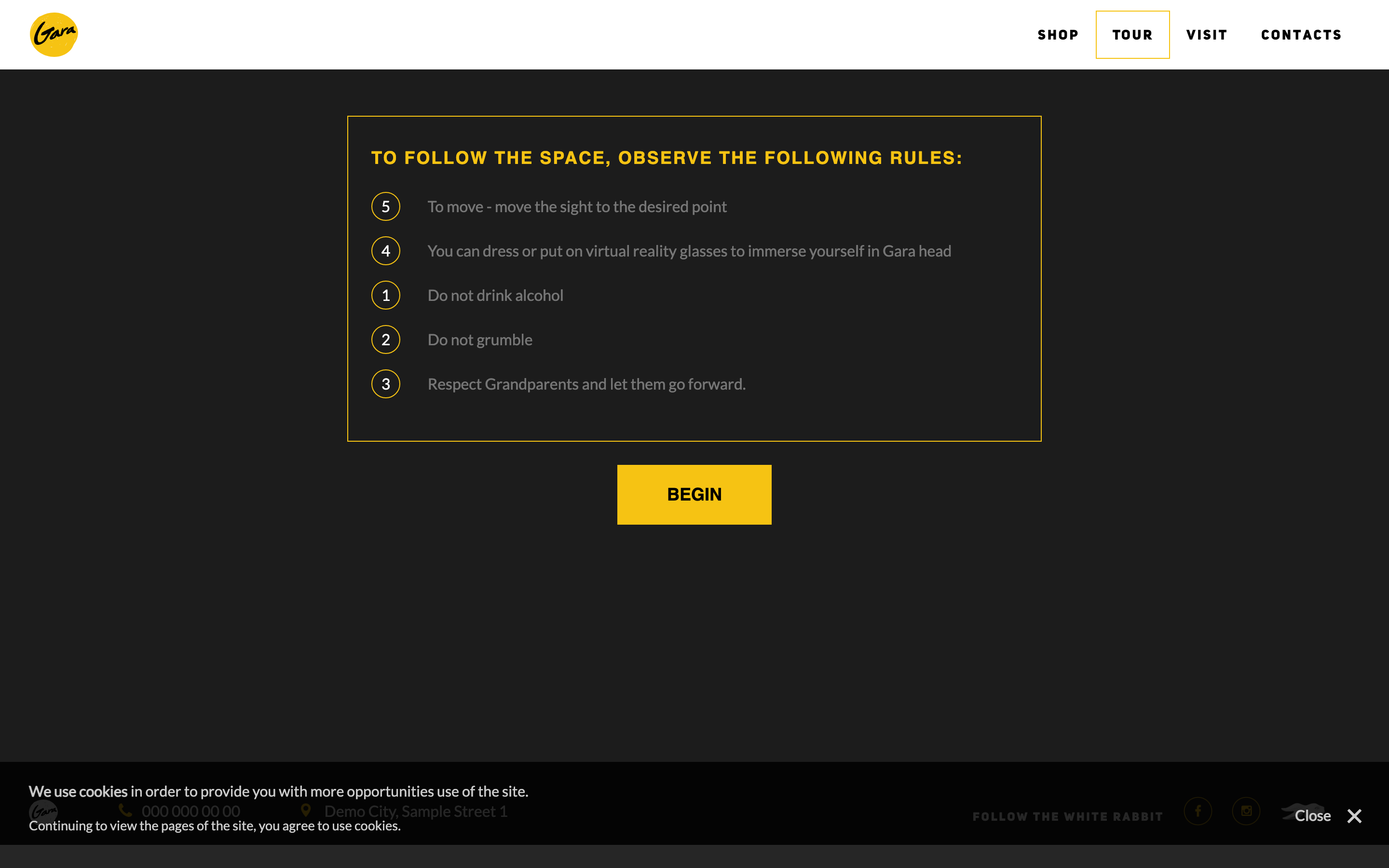 Gara tour rules screen before BEGIN