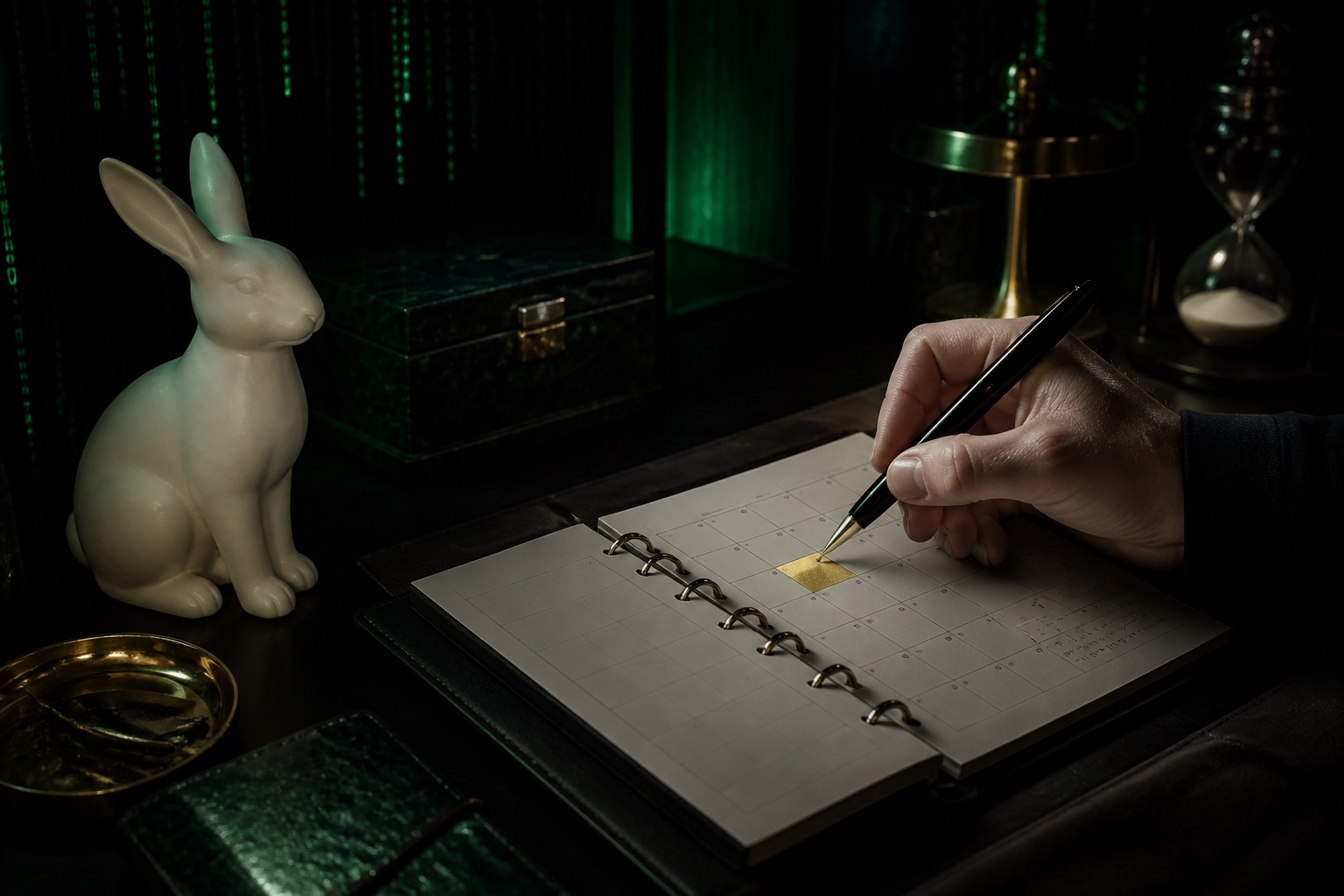 Booking mood with calendar and white rabbit figurine