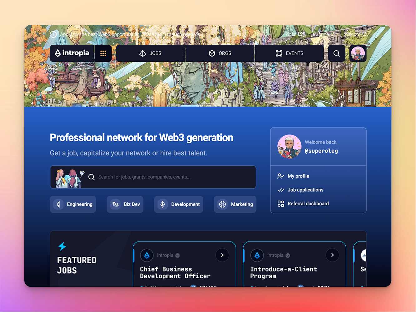 Intropia home: professional network for Web3 with illustrated banner and featured jobs