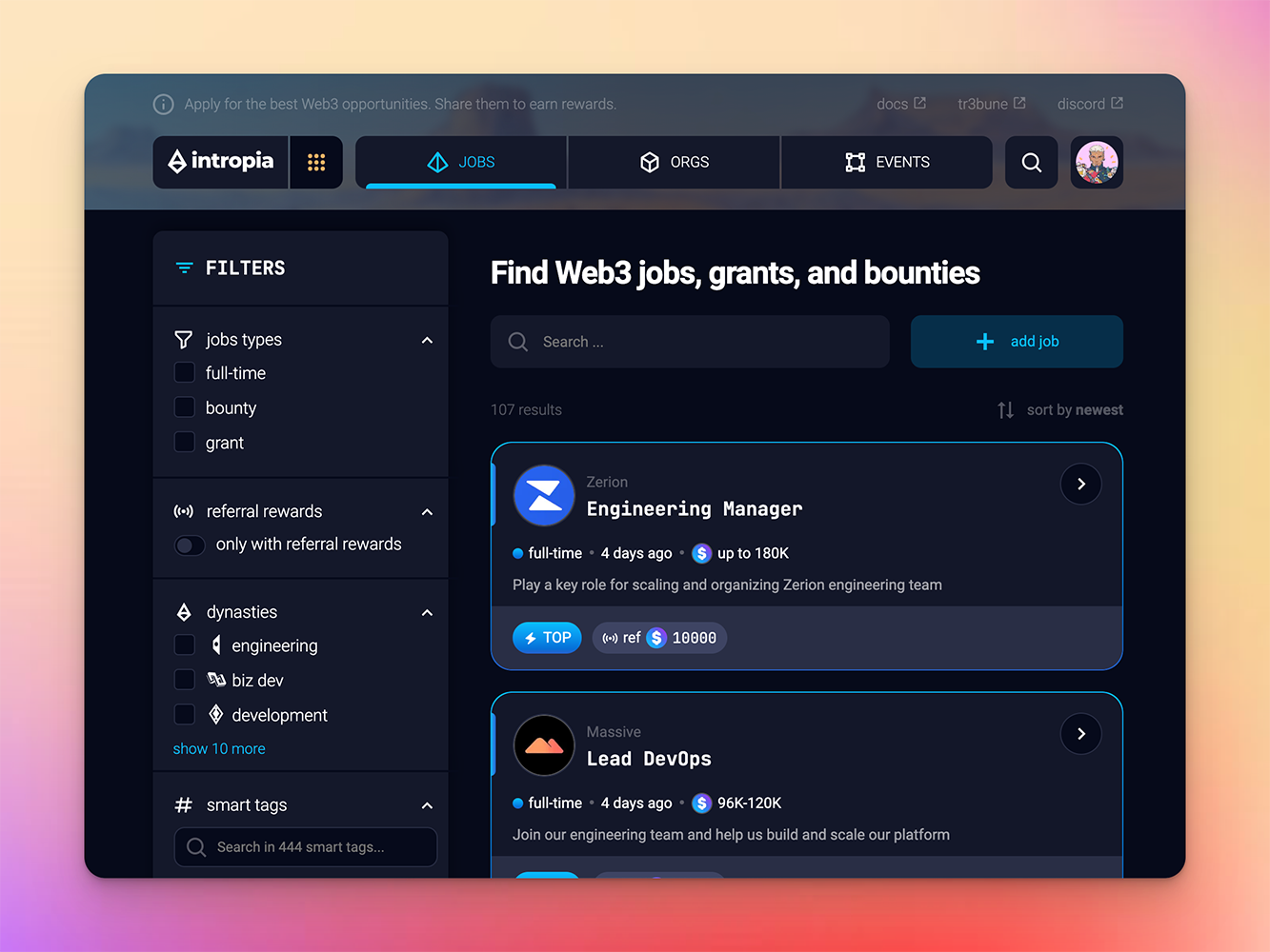 Jobs board with filters, smart tags, and referral reward badges