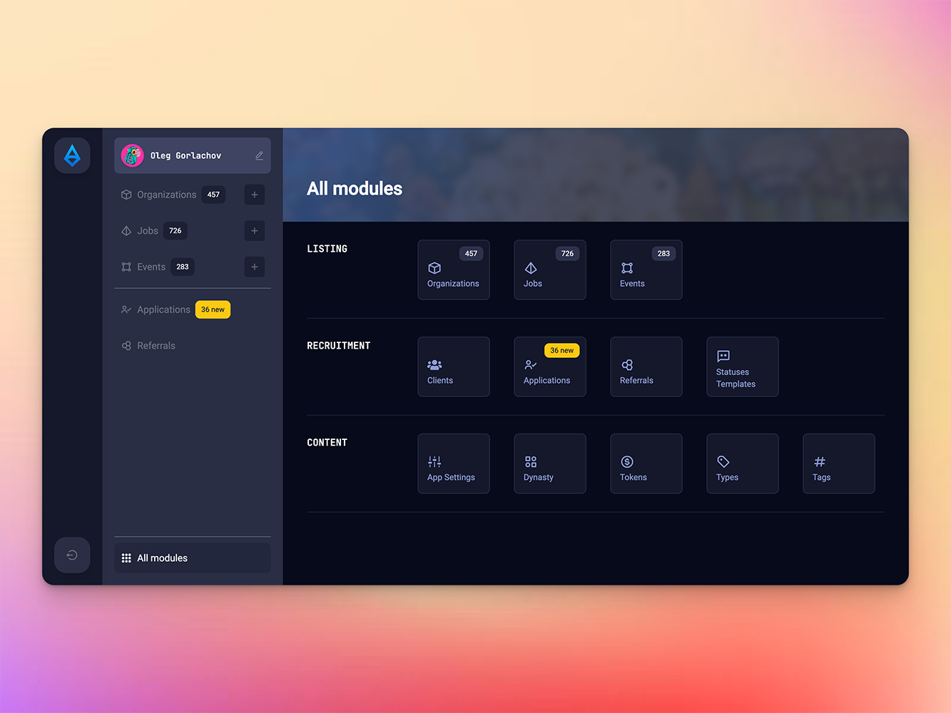 Intropia admin all-modules screen with listing recruitment and content