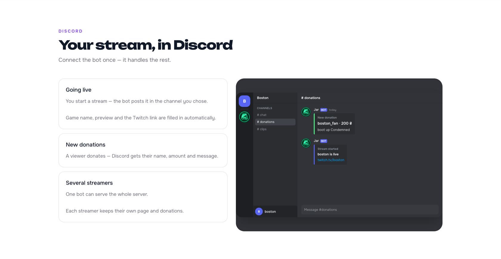 Discord mock with Jar bot posting a donation and a stream-started alert