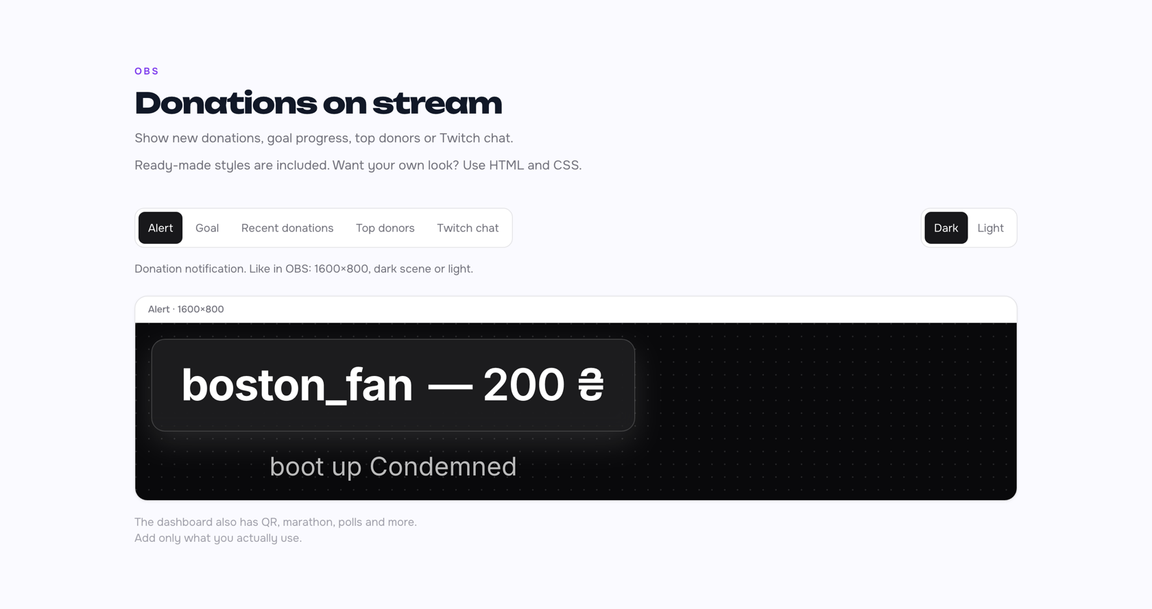 OBS donation alert widget, dark scene, 1600 by 800