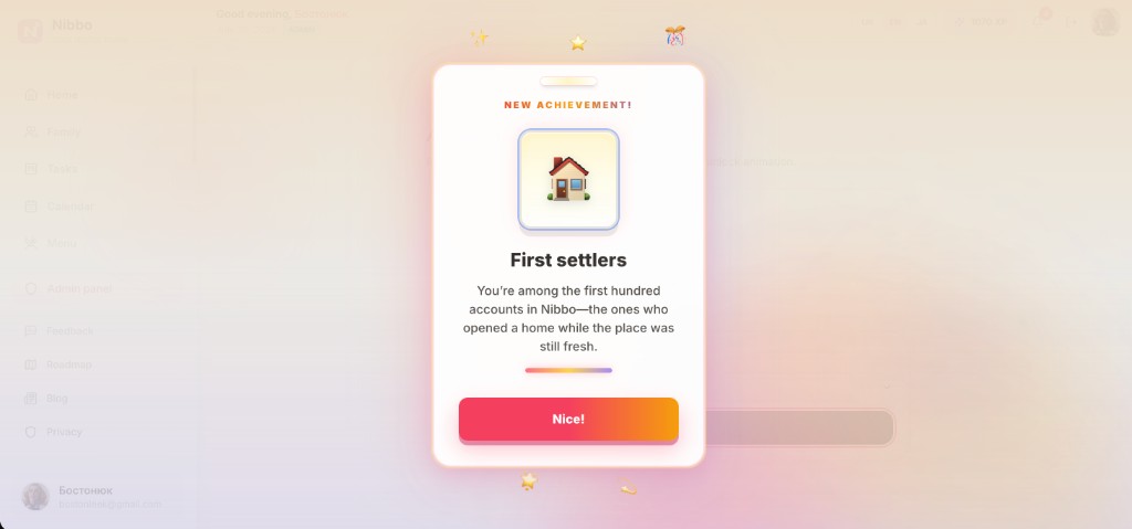 Nibbo new achievement modal: First settlers