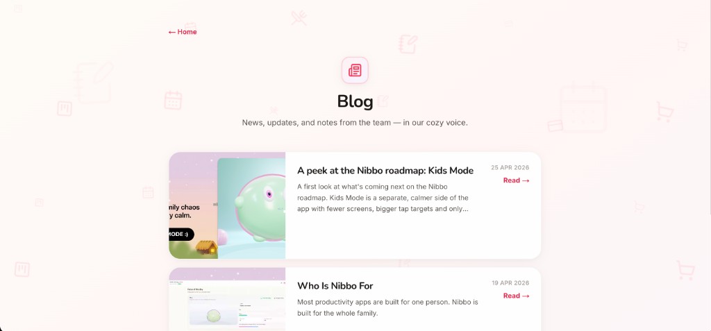 Nibbo blog index with product notes and roadmap posts