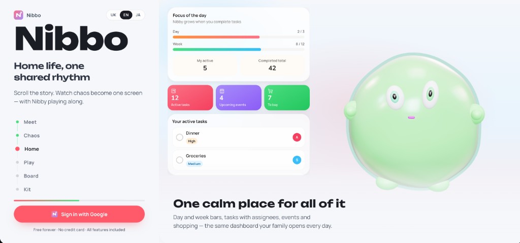 Nibbo home dashboard with focus of the day, tasks, and Nibby