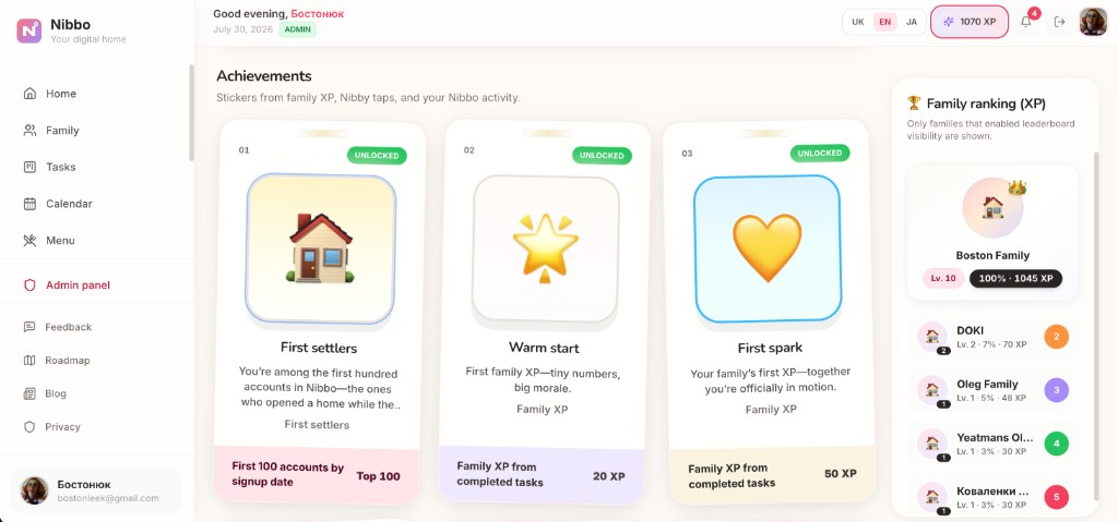 Nibbo app achievements and family XP ranking