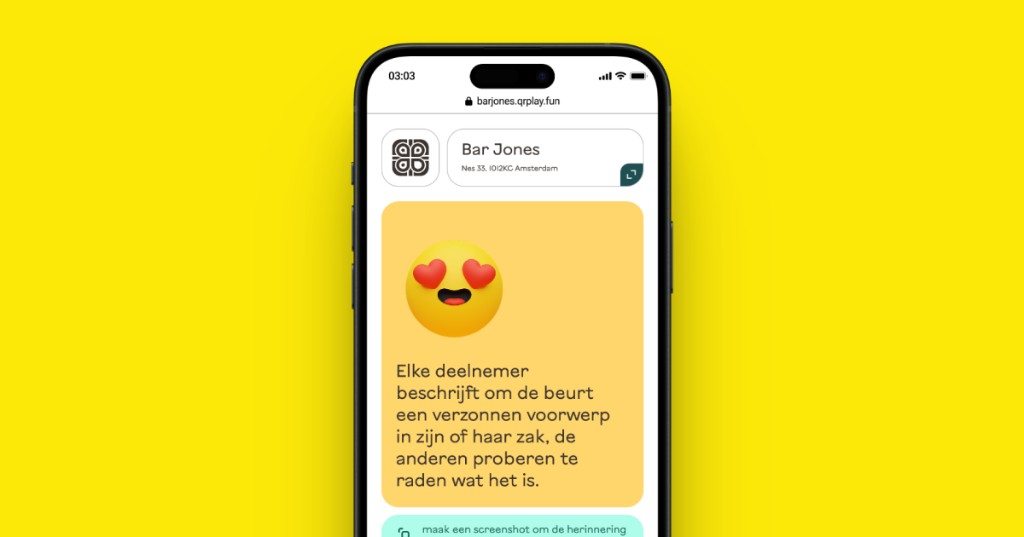 QRPlay phone UI for Bar Jones with heart-eyes challenge card