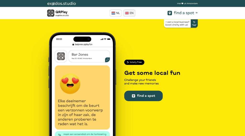 QRPlay landing with phone mockup and Get some local fun headline