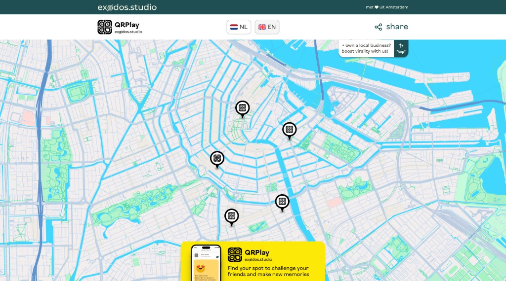 QRPlay Amsterdam map with venue pins and find-a-spot banner