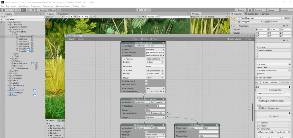 Unity Adventure Creator ActionList for Tukoni boar interaction and bubble activator