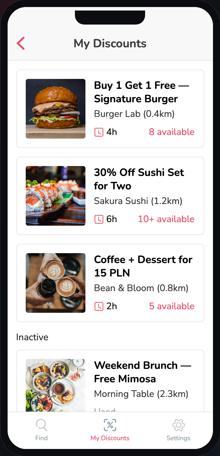 Wondr My Discounts screen