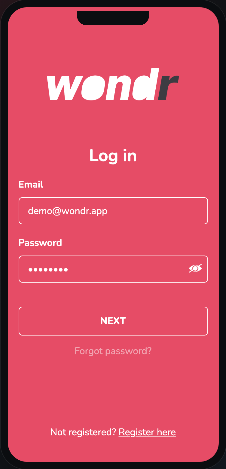 Wondr login screen