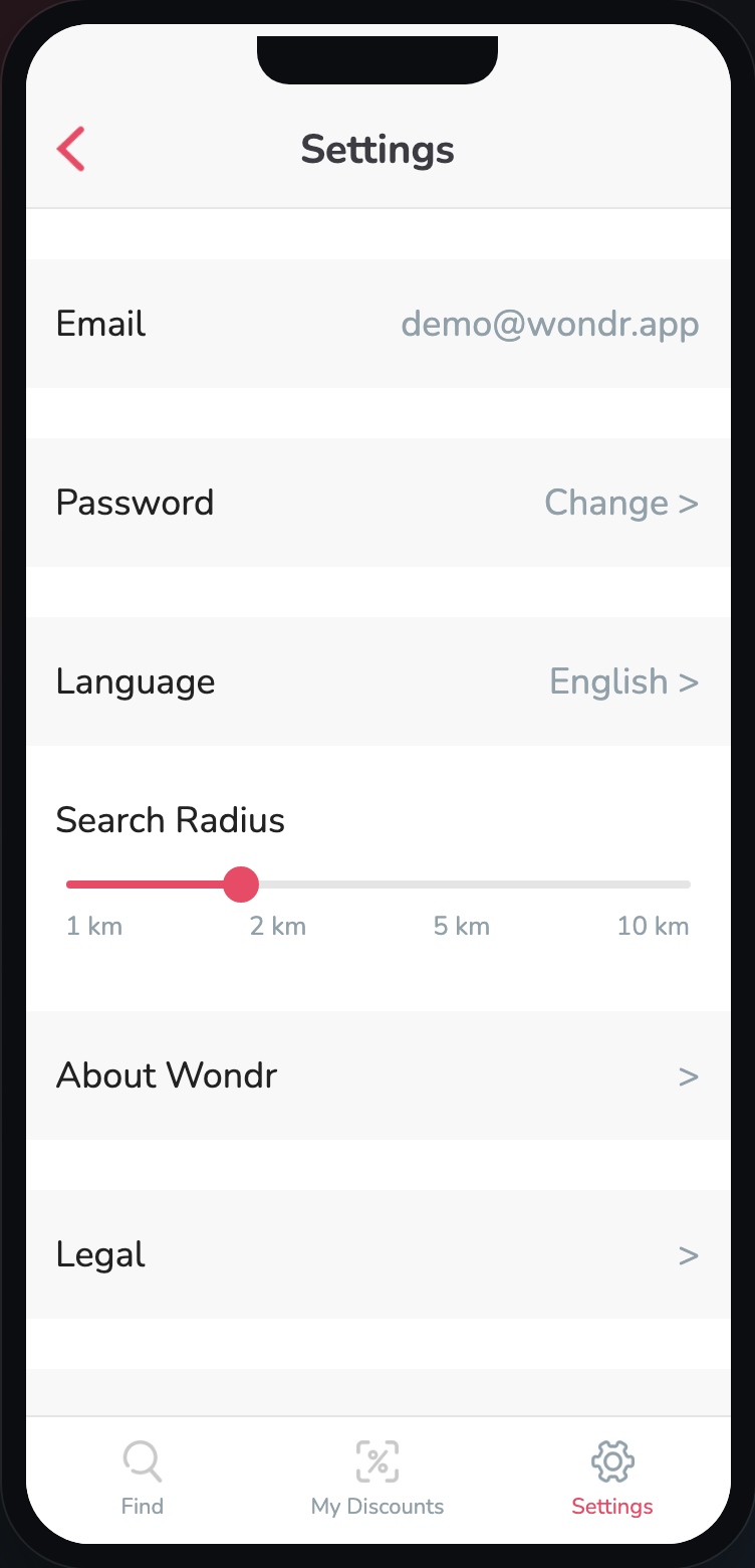 Wondr settings screen